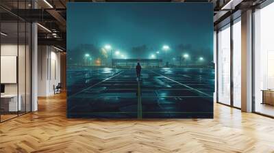 A solitary figure stands in the middle of a vast, empty parking lot at night, the only light coming from the distant streetlights, capturing a moment of urban isolation. Wall mural