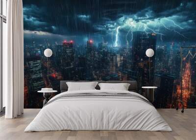 A thunderstorm over a modern cityscape, with lightning bolts striking the skyscrapers and reflecting off the glass facades. The dark storm clouds and bright flashes of light create a dramatic Wall mural