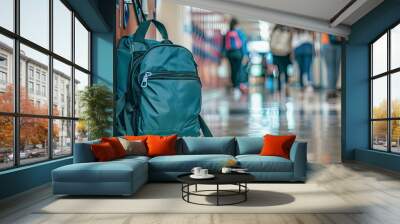 A trendy school bag leaning against a locker in a school hallway with blurred students walking by Wall mural