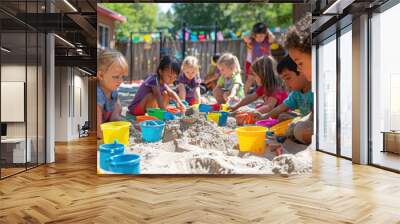 A vibrant scene of children playing in a sandbox with toy shovels, buckets, and molds, promoting outdoor play and creativity. Wall mural