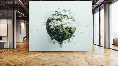 An image showing a double exposure of a globe with various renewable energy sources radiating from it, set against a white background, symbolizing the global push for net zero Wall mural