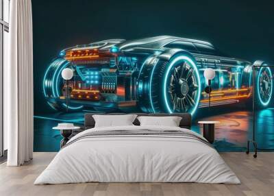 Artistic rendering of an electric vehicle battery with glowing edges and futuristic design elements Wall mural