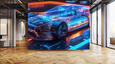 Artistic visualization of an electric vehicle battery pack with holographic interface elements Wall mural