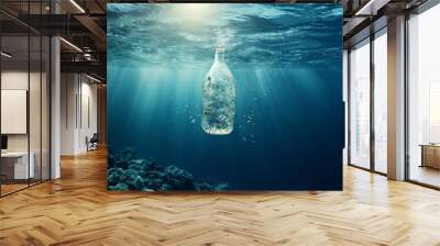 close up of Floating bottle. Problem of plastic pollution under the sea concept, copy space Wall mural