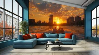 Friends taking a city boat tour at sunset Wall mural