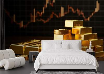 Gold bar on the table with stock price chart background, Generative AI Wall mural