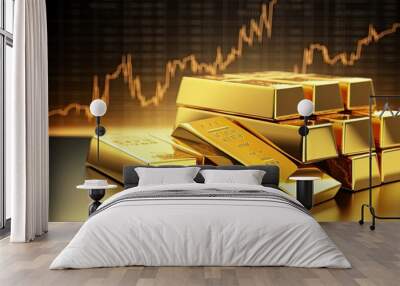 Gold bar on the table with stock price chart background, Generative AI Wall mural