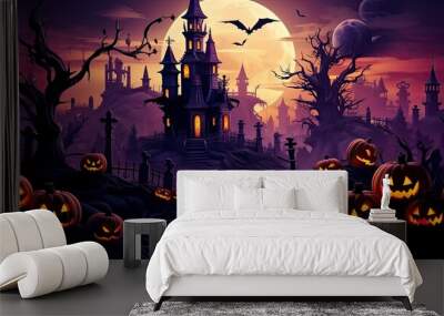 Halloween day card poster ghost pumpkin bat witch tomb castle, Generative AI Wall mural