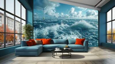 Image of a coastal wind farm with turbines placed in the ocean to harness wind energy Wall mural