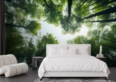 Looking up at the green tops of trees, Generative AI Wall mural