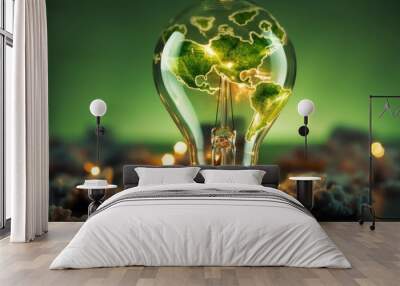 Renewable Energy.Environmental protection, renewable, sustainable energy sources. The green world map is on a light bulb that represents green energy Renewable energy, Generative AI Wall mural