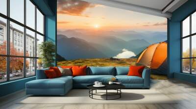 tent at Mountain landscape at sunset, Generative AI Wall mural