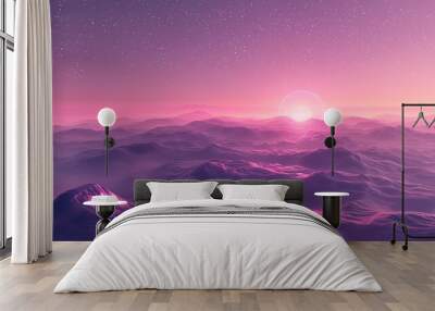 An alien landscape with a pink sky and purple mountains. The sky is full of stars and the mountains are covered in snow. Wall mural