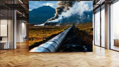 Image as realistic geothermal Energy, smoke plumes rise from industrial chimneys. Wall mural