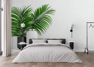 Two potted palm plants on a white table against a blank wall. Wall mural