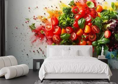 Variety of fresh, organic vegetables including tomatoes, lettuce, and basil are on a white background. Vegetables are surrounded by colorful spices and seasonings. Wall mural