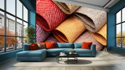 Vibrant collection of fabric swatches in various colors and textures, arranged in a stacked, overlapping pattern. Fabric pattern design. Wall mural