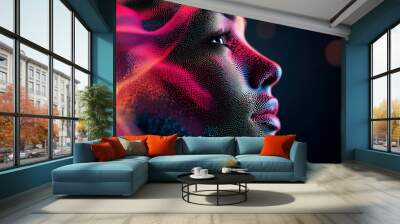 A background where gradation dots and digital wavy lines create lines in the shape of a human body and digital wavy lines wave around them Wall mural