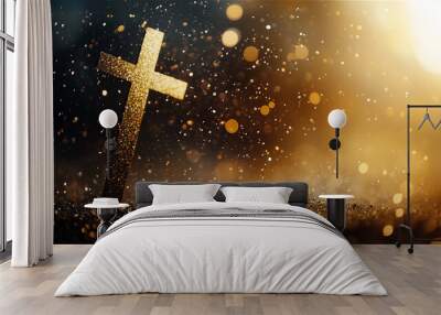 Beautiful gold bokeh background, cross silhouette, bokeh fantastic scattering. Wall mural