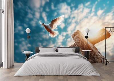 The blue sky, the cross, the pigeon, the pigeon of the Holy Spirit, the grace of the Holy Spirit Wall mural