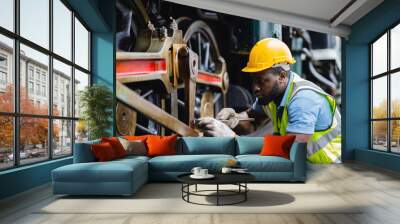 A man in a yellow helmet and safety vest is working on a train engine Wall mural