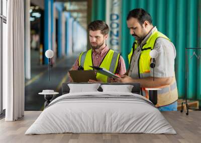 Two men in safety vests are looking at something on a clipboard. They are wearing reflective vests and are standing in a warehouse Wall mural