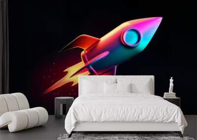 3d illustration rocket space colorful holographic in dark background for Business start up and science concept Wall mural