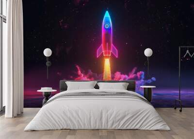 3d illustration rocket space colorful holographic in dark background for Business start up and science concept Wall mural