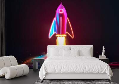 Colorful rocket launching with neon light and smoke Wall mural