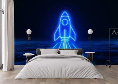 Digital rockets launch into outer space. Boosting and taking off career concepts. Abstract spaceship in blue on a technological background. blue neon rocket illustration with 3D effect. Wall mural