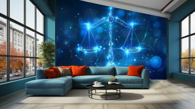 Futuristic justice, law judgement concept with glowing low polygonal balance scales isolated on dark blue background. Modern wire frame mesh design illustration. Wall mural