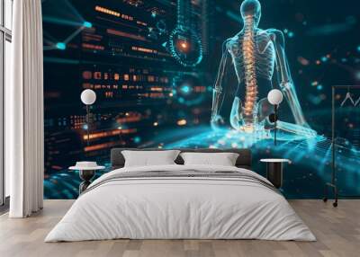 futuristic medical research of back spine back, spine, herniated disk pain health care with diagnosis vitals infographic biometrics for clinical and hospital x-ray and chiropractic treatment services Wall mural