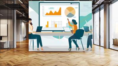 Illustration of a motivated businesswoman leads business meeting with managers, talks, uses presentation TV with statistics, chart growth, big data, digital entrepreneurs work on e-commerce project Wall mural