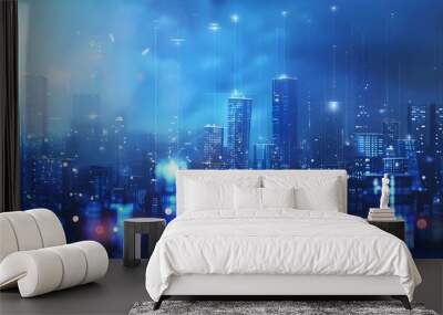 Sci-fi futuristic neon city of skyscrapers cityscape with space and light effect. Modern hi-tech, science, futuristic technology concept. Abstract digital high tech city design for banner background Wall mural