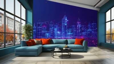 Sci-fi futuristic neon city of skyscrapers cityscape with space and light effect. Modern hi-tech, science, futuristic technology concept. Abstract digital high tech city design for banner background Wall mural