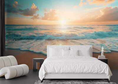 Travel destination, view on sandy beach, sun, sky, white clouds, beautiful landscape, summer holidays, vacation, travel Wall mural