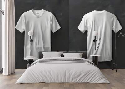 White t-shirt mockup on black background, from the front and back view. Wall mural