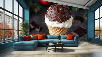 A chocolate ice cream cone dipped in marshmallow fluff and coated with chocolate sprinkles, photorealistic, hyper-resolution, fun and festive treat Wall mural