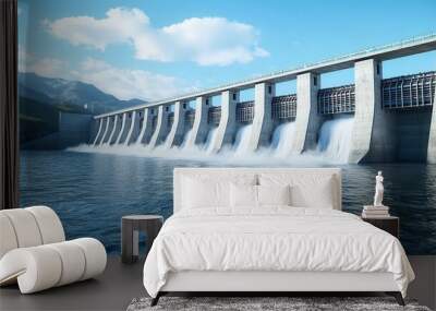 A hydropower dam s spillway with controlled water release, showcasing reinforced structures and water flow dynamics, ultra-detailed, renewable energy infrastructure Wall mural