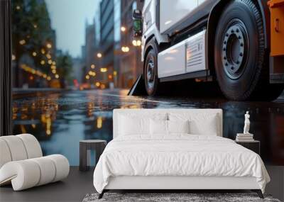 A modern sweeper vehicle cleaning a wet street after rain, water reflecting city lights, photorealistic, hyper-resolution, glistening and tidy scene Wall mural