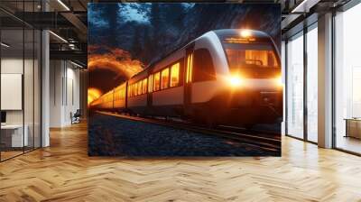 A modern train travels through a glowing tunnel, showcasing vibrant colors and dynamic motion in a stunning landscape. Wall mural