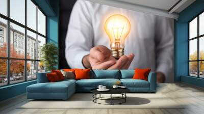 A person holds a glowing light bulb, symbolizing ideas, innovation, and creativity in a professional setting. Wall mural