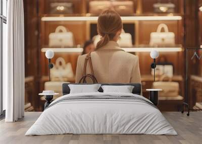 A woman shopping for luxury handbags in an upscale designer boutique, admiring the collection displayed on wooden shelves under warm lighting. Wall mural