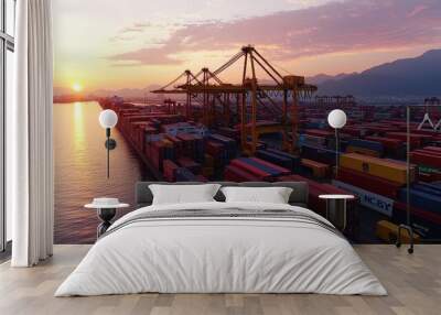 Aerial view of cargo containers at port during sunset with mountains in the background. Wall mural