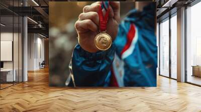 Close-up of athlete showing gold medal with red ribbon outdoors, celebrating victory and achievement in sports. Wall mural