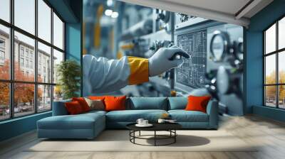 Close-up of technician operating control panel with gloves in a modern industrial environment, showcasing precision and technology. Wall mural