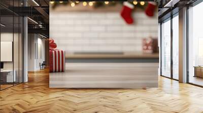 Decorative Christmas gift box on a wooden table, holiday background. Wall mural