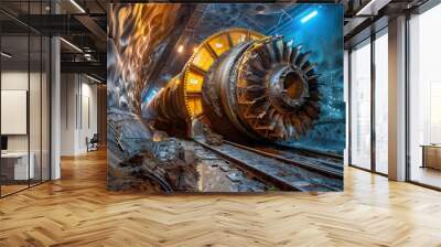 Massive tunnel boring machine in an underground tunnel with dramatic lighting, showcasing industrial machinery and construction engineering. Wall mural