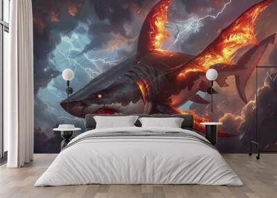 Scary goblin shark with fiery red wings diving through thunderclouds, occasional lightning flash , unique hyper-realistic illustrations Wall mural