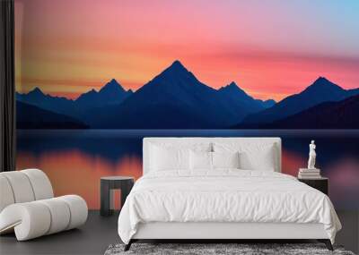 Stunning mountain landscape at sunset, showcasing vibrant colors reflected in calm water. Wall mural